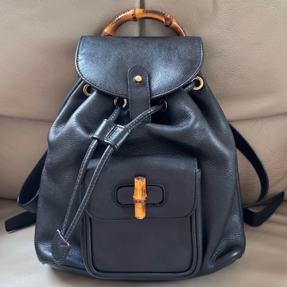 Gucci Handbags - Authenticated Vintage Gucci Leather Bamboo Flap Drawstring Mini Backpack, COA